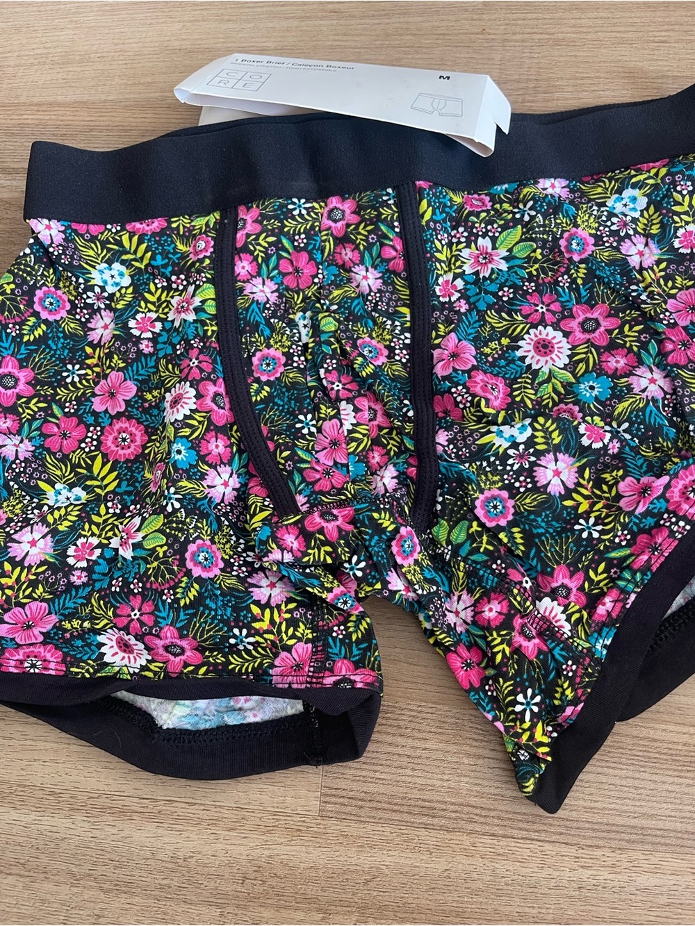 Core Floral Print Boxer Briefs - Black Base with Pink & Teal Flowers sizes M L